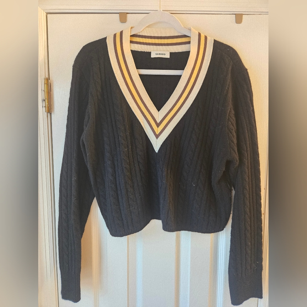 Sandro Navy V-Neck Sweater with Striped Collar